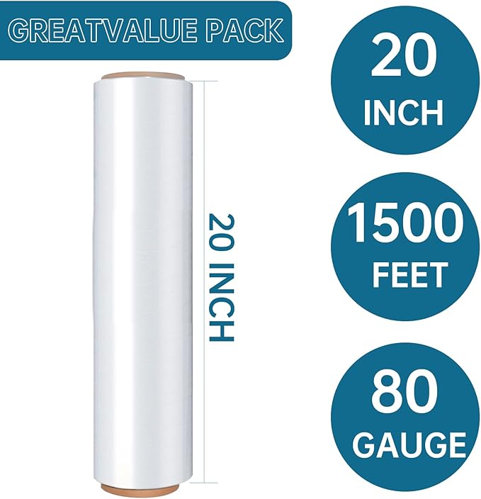 Stretch Film Shrink Wrap Roll 20" x 1500FT, Heavy Duty 80 Gauge Stretch Wrap - Image 2