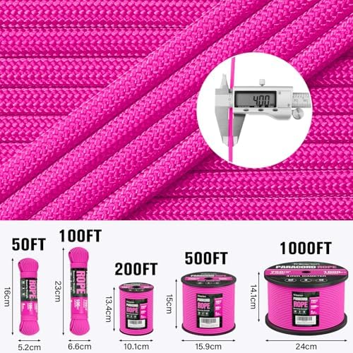 Paracord Rope 750 lb - 100ft 5/32" Parachute Cord 4MM 12-Strand para Cord - Heavy Duty Spool String for Survival,Camping Gear, Survival Bracelet, Clothesline - Rose Pink - Image 5