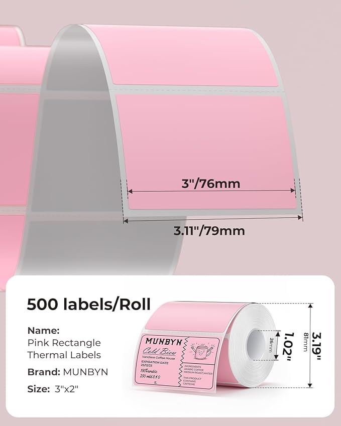 MUNBYN 3x2 Inch Pink Thermal Labels, Thermal Sticker Labels - Image 2