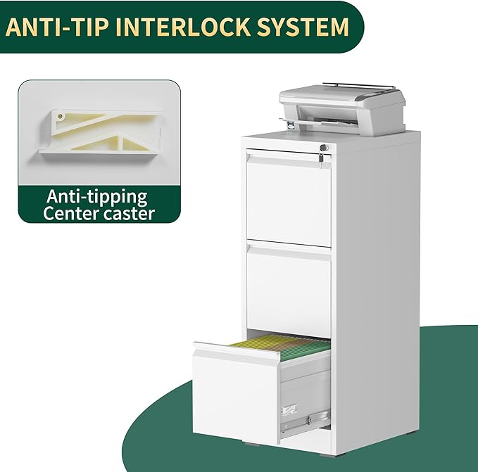 3 Drawer File Cabinet with Lock, Steel Vertical Filing Storage Cabinet - Image 6