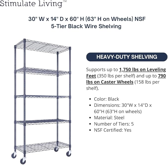 30"x14"x60" PRIME HEAVY DUTY Black 5-Tier Wire Shelving 1, 750 LBS MAX Capacity - Image 4