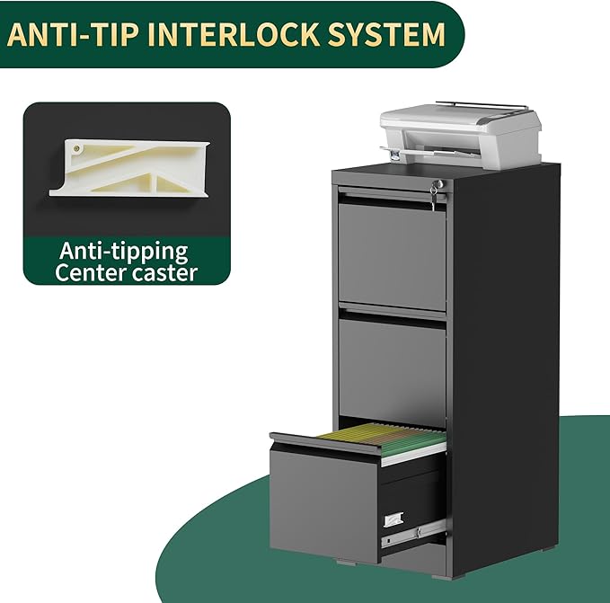 3 Drawer File Cabinet with Lock, Steel Vertical Filing Storage Cabinet - Image 6