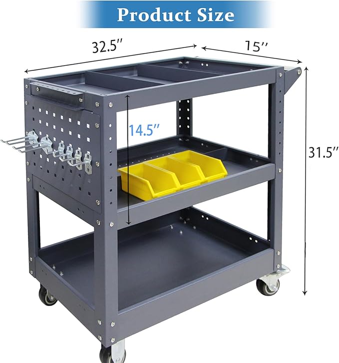 3 Tier Rolling Tool Cart, 500 lbs Capacity, 31.5"x29"x15", Mechanics Cart - Image 7