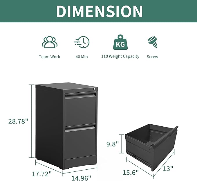 2 Drawer File Cabinet with Lock, Steel Vertical Filing Cabinets - Image 3