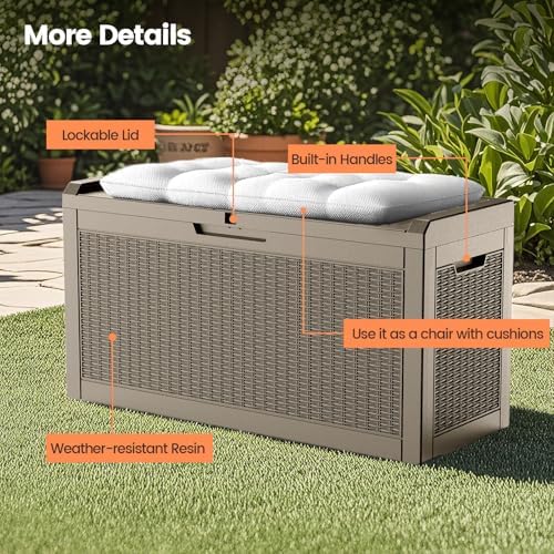 60 Gallon Outdoor Storage Box - Waterproof Resin Rattan Deck Bin for Indoor & Outdoor Use - Lockable & UV Resistant - Ideal for Package Storage, Patio Cushions & Gardening Tools, Brown - Image 3