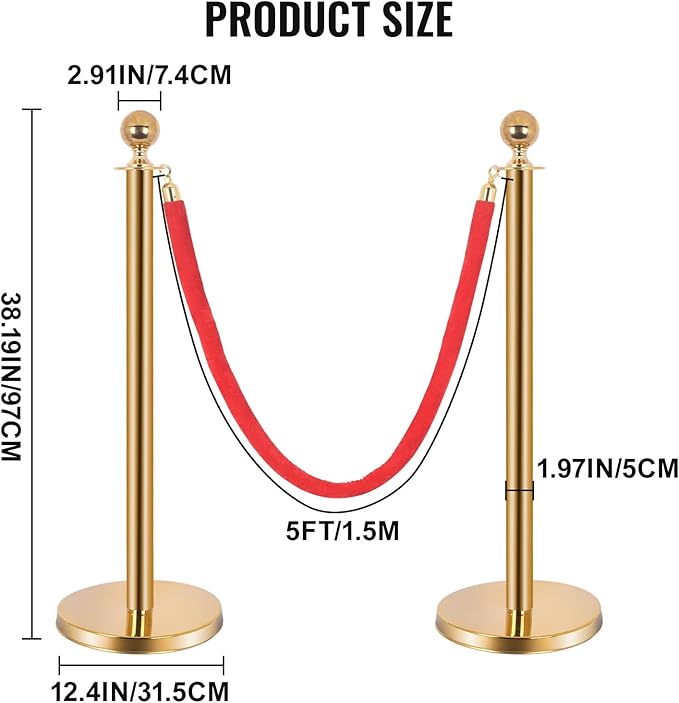 6PCS Stainless Steel Stanchions w/ 4 Red Velvet 5ft Carpet Ropes - Image 3