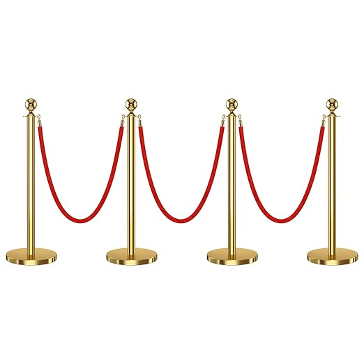 4 PCS Stanchions and Velvet Ropes, Stainless Steel Poles by Unknown