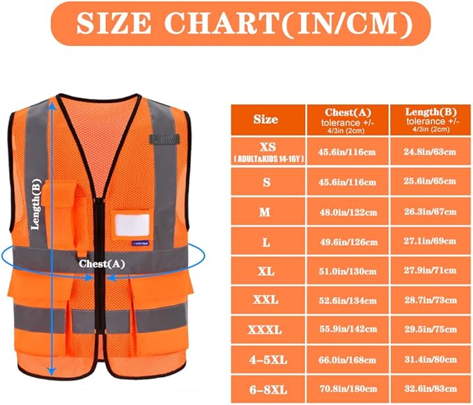 A-SAFETY Orange High Visibility Safety Vest Reflective, 3M Multi Pockets - Image 2