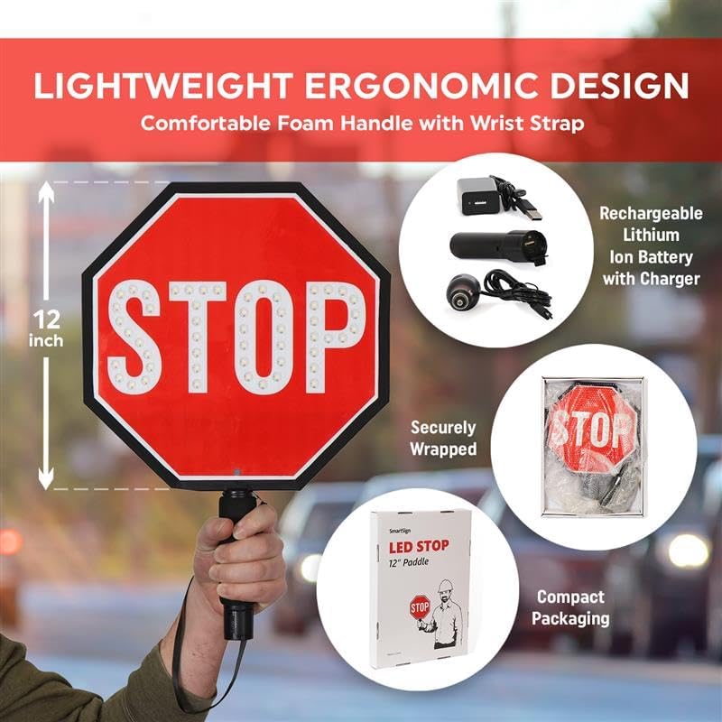 SmartSign 12" LED Stop Paddle, Rechargeable Battery & Charger, 2-Sided Reflective Hand Held Aluminum Sign with Strap, Steady/Flashing Light Modes, Foam-Padded Grip, 1-Pack - Image 5