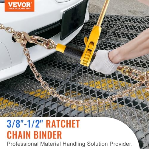 VEVOR 3/8"-1/2" Ratchet Chain Binder with Chain, G80 12000 lbs Secure Limit, Heavy Duty Load, Labor-Saving Anti-Skid Handle, Tie Down Hauling Chain Binders for Flatbed Truck Trailer, 2 Set & Yellow - Image 2