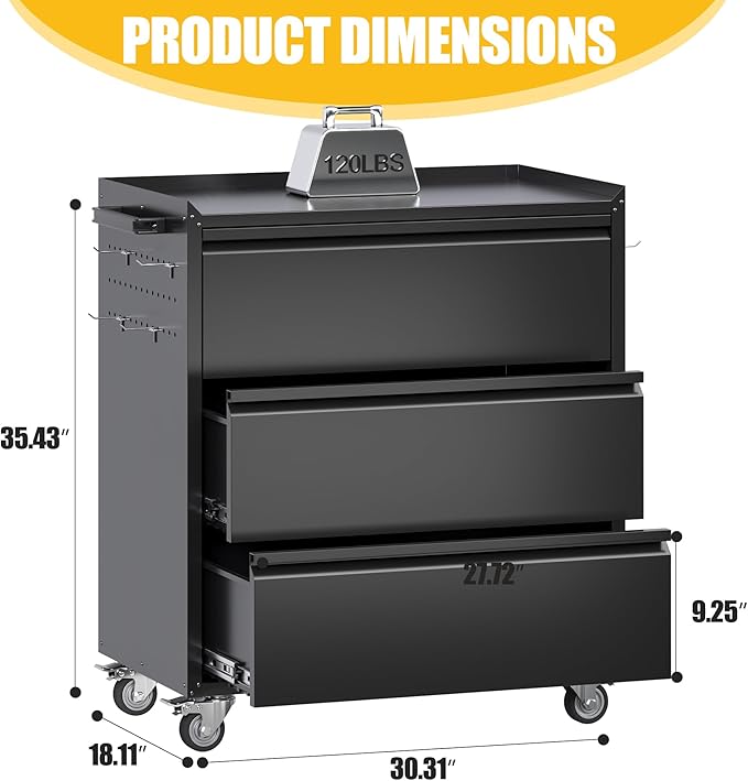 Garage Storage Cabinet with Wheels and Pegboard, Metal Rolling Tool Storage - Image 3