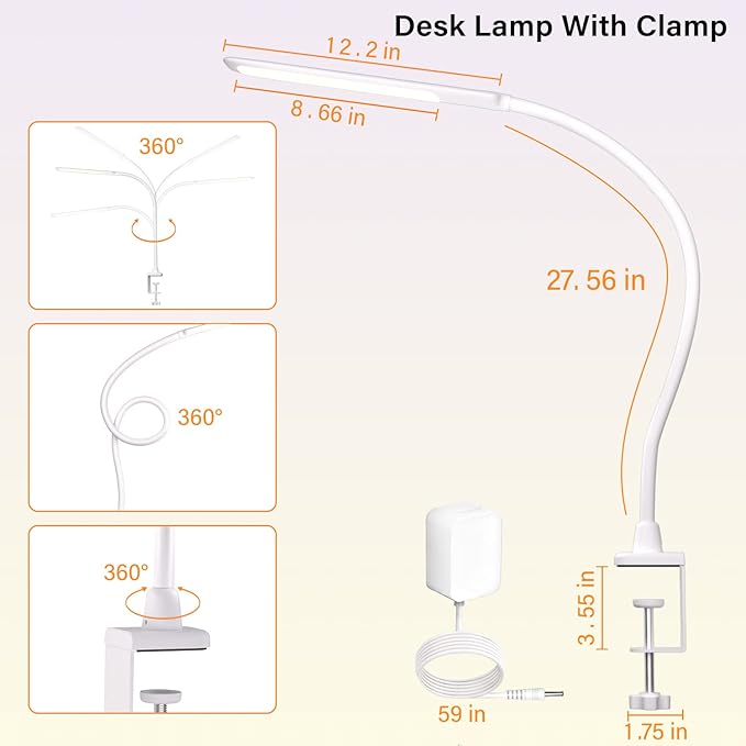 LED Desk Lamp With Clamp, 10W Gooseneck Lamps Touch Control, Swing Arm Clamp - Image 7