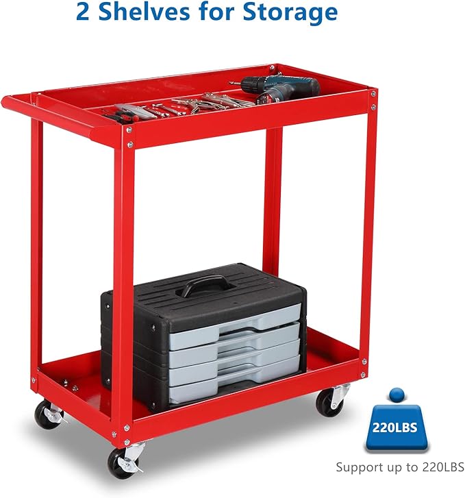 TUFFIOM 2 Tier Rolling Tool Cart on Wheels w/2 Brake, 220 LBS Capacity Heavy - Image 2