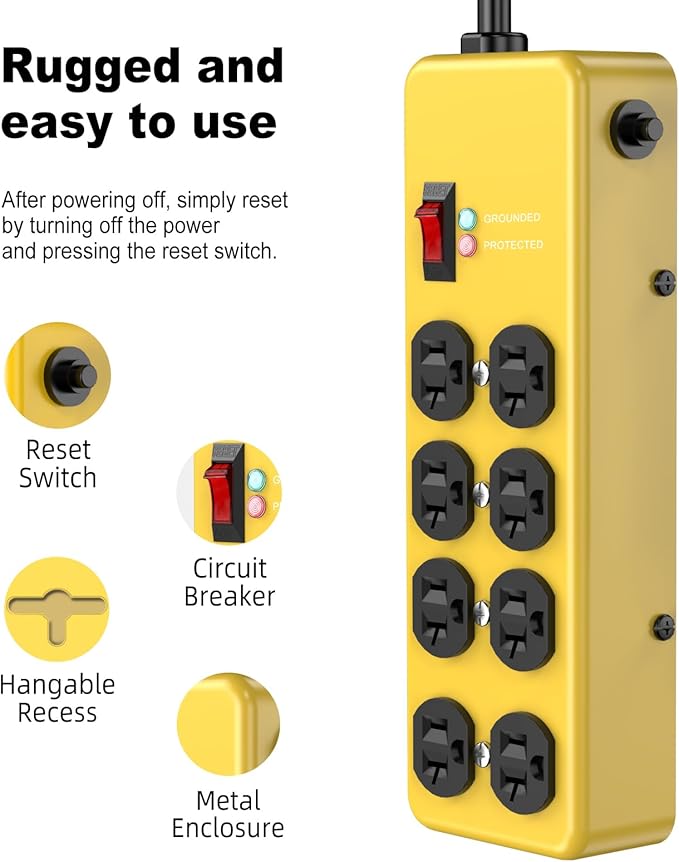 Heavy Duty Power Strip 20 amp, Metal 8 Outlet Power Strip, Wall Mount Surge - Image 4