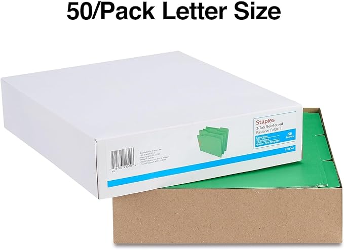 Staples Colored Reinforced Tab Fastener Folders Letter Size Green 50/Box - Image 4