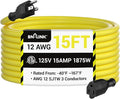 BN-LINK 15ft Outdoor Extension Cord, 12/3 SJTW Heavy Duty Power Cord, 3-Prong by BN-LINK