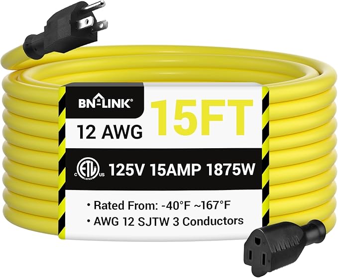 BN-LINK 15ft Outdoor Extension Cord, 12/3 SJTW Heavy Duty Power Cord, 3-Prong by BN-LINK