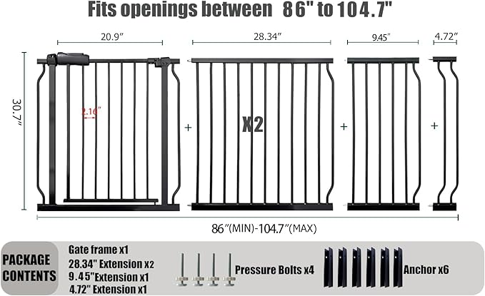 Heavy Duty Baby & Dog Safety Gate 86-104.7 Inch, Pressure Mounted No Drilling - Image 2