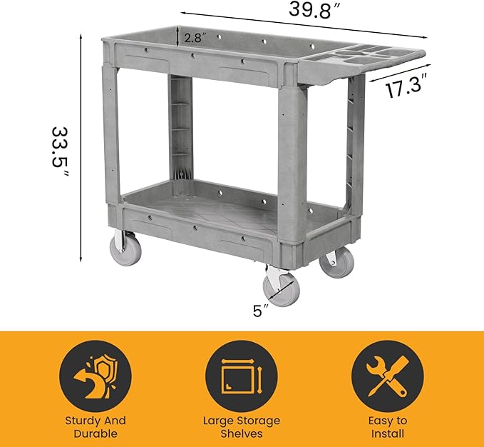 2-Tier Rolling Tool Cart, Heavy-Duty Plastic Service Cart - Image 5