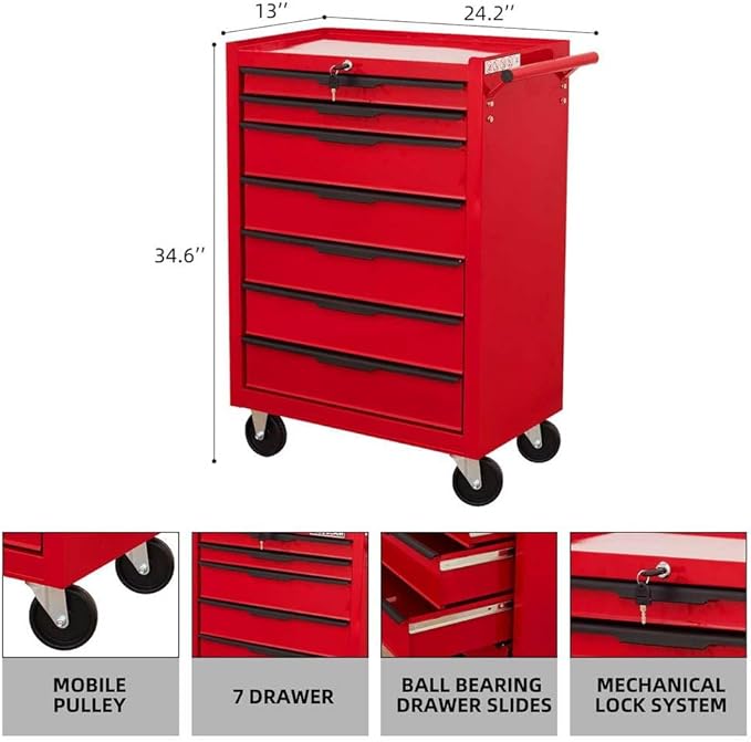 7-Drawer Rolling Tool Chest Cabinet, Heavy-Duty Metal Tool Box - Image 3