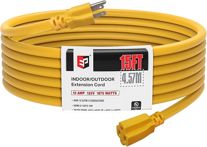 EP 15 Ft Outdoor Extension Cord, 12/3 SJTW Heavy Duty Extension Cable by ENERGYPRO