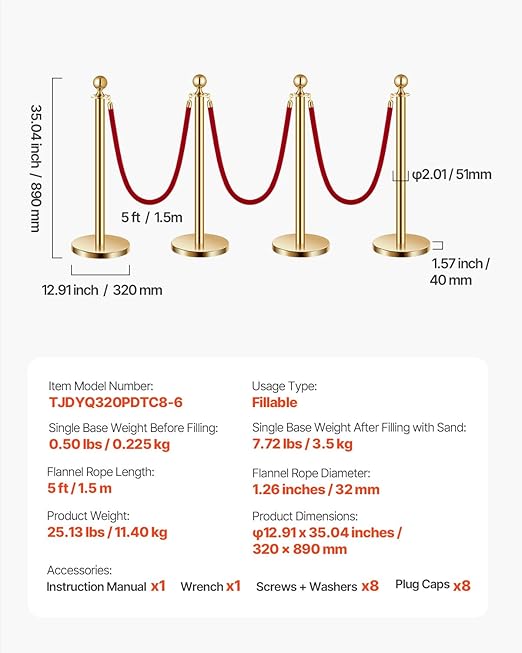 VEVOR Stanchions and Velvet Ropes 8Pcs, Hollow Base - Image 7
