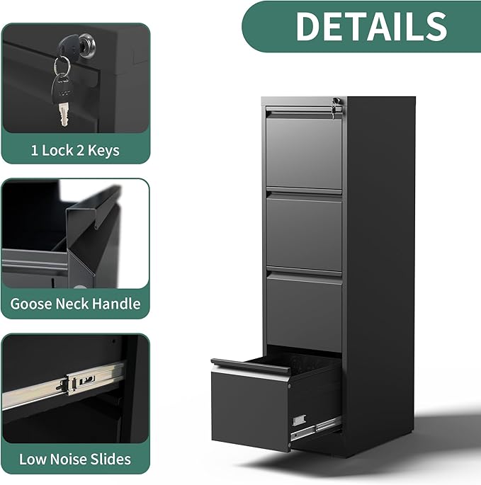 4 Drawer File Cabinet with Lock, Steel Vertical Filing Cabinets - Image 5