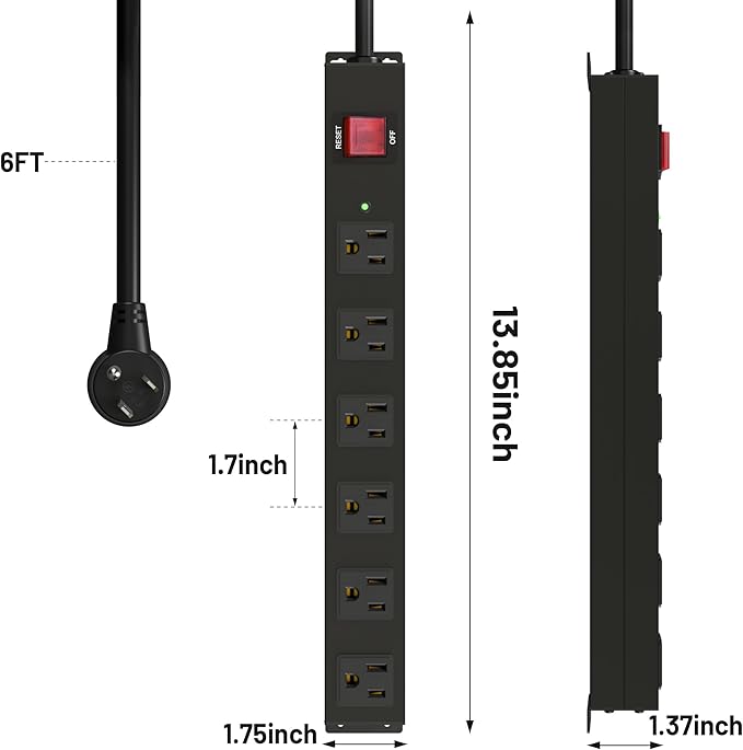 KF Matel 6 Outlet Power Strip Surge Protection 2100J, Heavy Duty Wide Space - Image 6