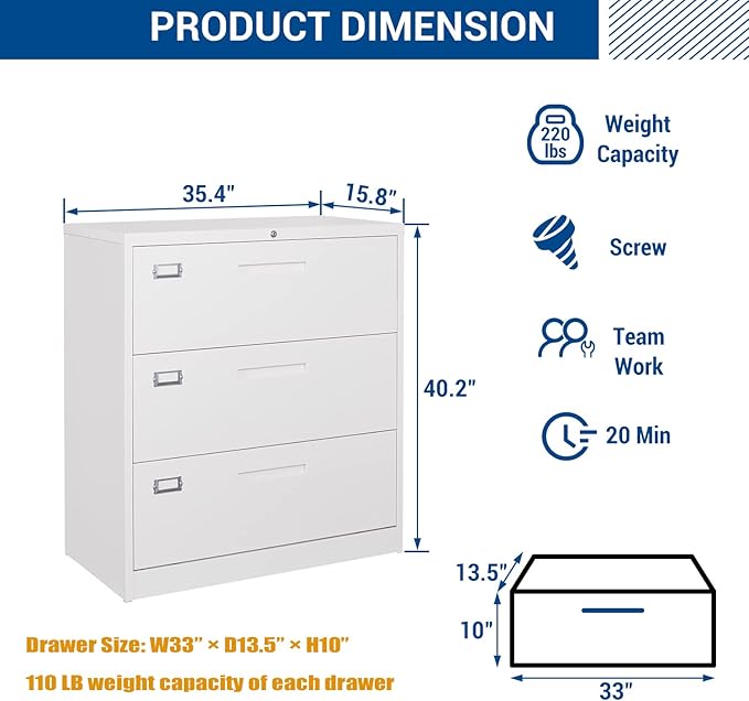 Lateral File Cabinet with Lock, 3 Drawer Large Metal Filing Cabinet, Home - Image 3
