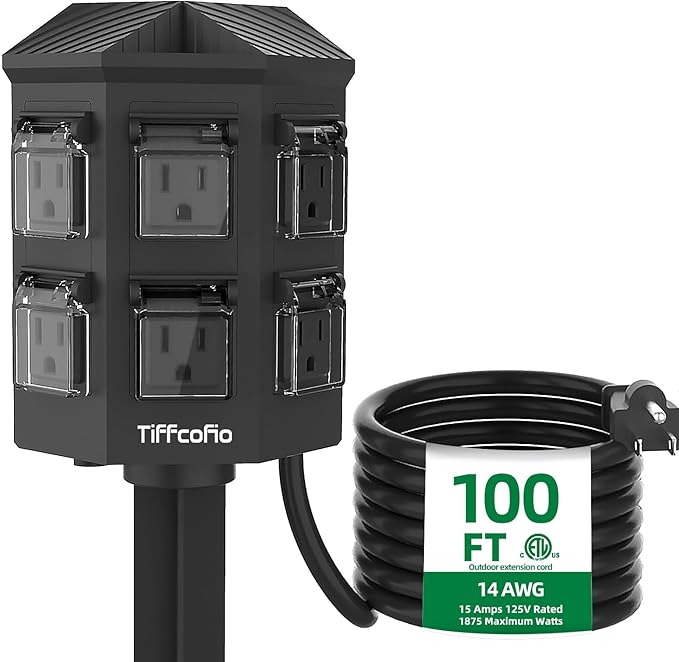 Outdoor Power Strip Weatherproof, 100 FT Extension Cord by TiFFCOFiO