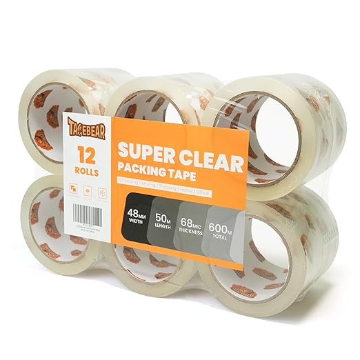 TAPEBEAR Storage Packaging Tape 12 Rolls, Super Clear 2.7mil x 1.88" x 55 Yards by TAPEBEAR