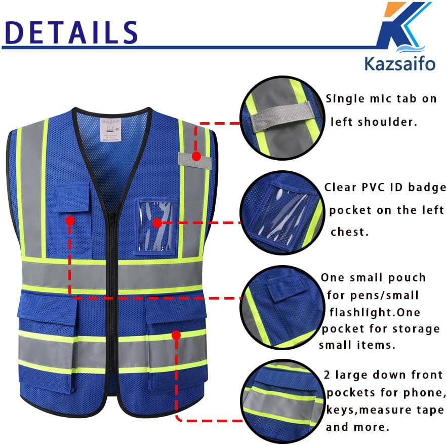 Reflective Safety Vest for Men Women with Pockets,KZ177,Blue,3XL - Image 3