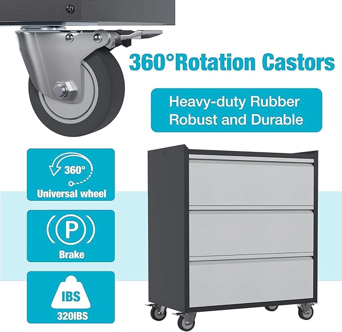 3 Drawer Rolling Garage Storage Cabinet, Small Metal Tool Cabinet - Image 4