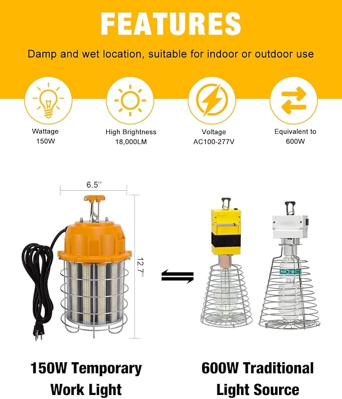 LED Temporary Work Light 150W, 5000K 18, 000lm Outdoor Construction Lights Job - Image 2