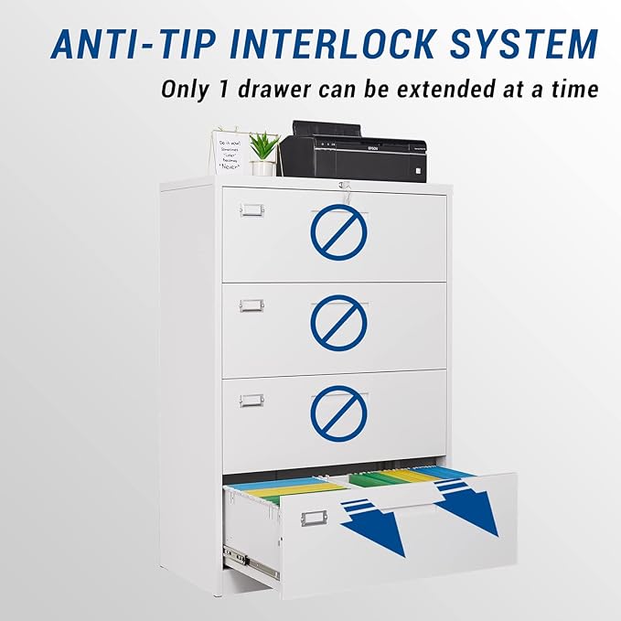 Lateral File Cabinet with Lock, 4 Drawer Large Metal Filing Cabinet, Home - Image 4