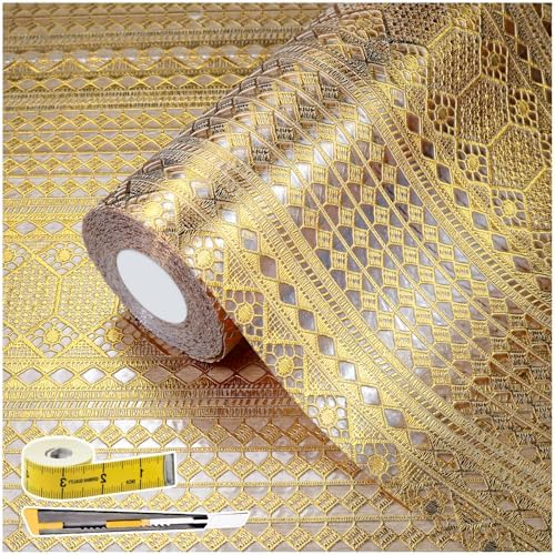 Drawer and Shelf Liner - Gold Geometric Lace Pattern,Non Adhesive by Kimhan