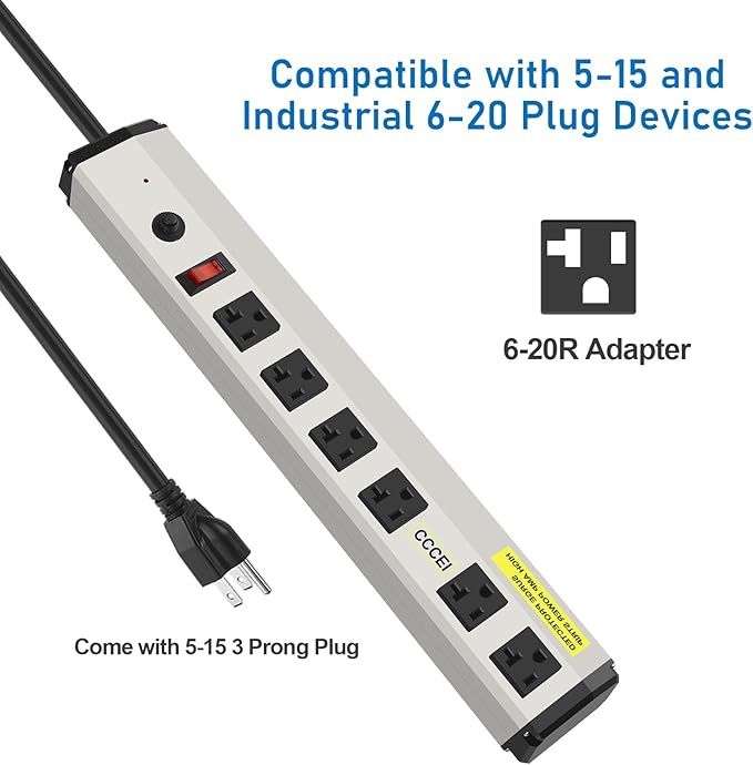 CCCEI Heavy Duty Power Strip Surge Protector 20 Amp, High Amp Industrial Shop - Image 3