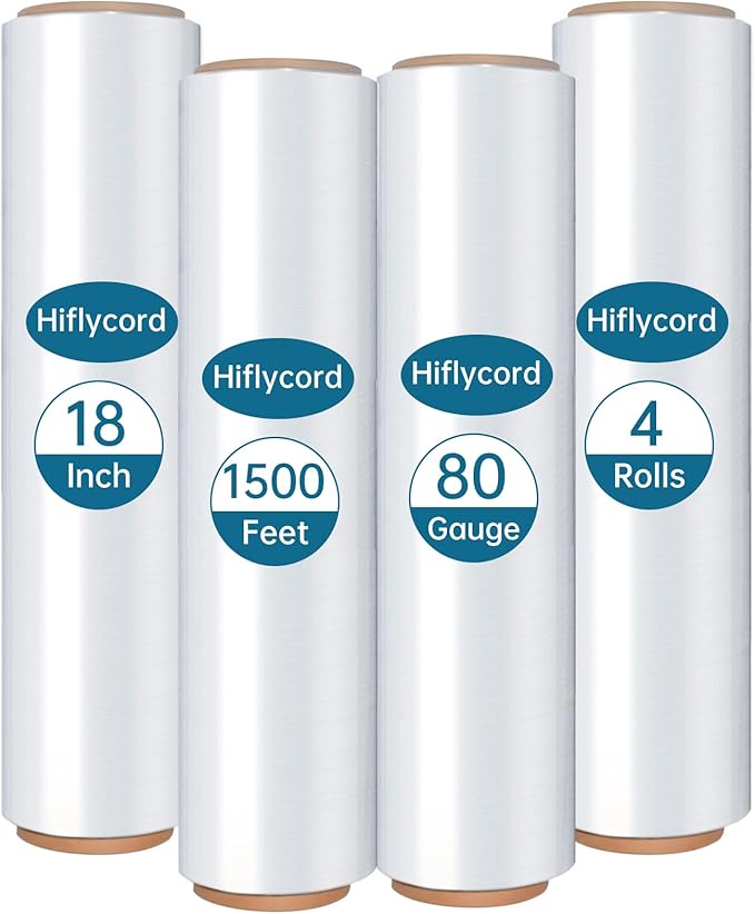 Stretch/Shrink Wrap Roll 18 Inch 1500ft, Heavy Duty 800% Stretch, Plastic Wrap by Hiflycord