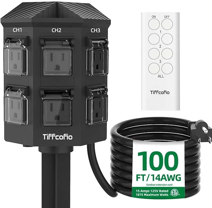 Outdoor Remote Control Power Strip, 100FT Extension Cord Waterproof, by TiFFCOFiO