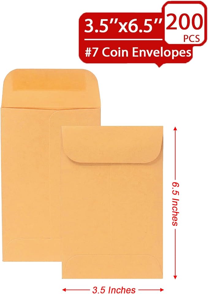 200PCS #7 Coin Envelopes 3.5x6.5 inches Brown Kraft Envelopes Classic Small - Image 3