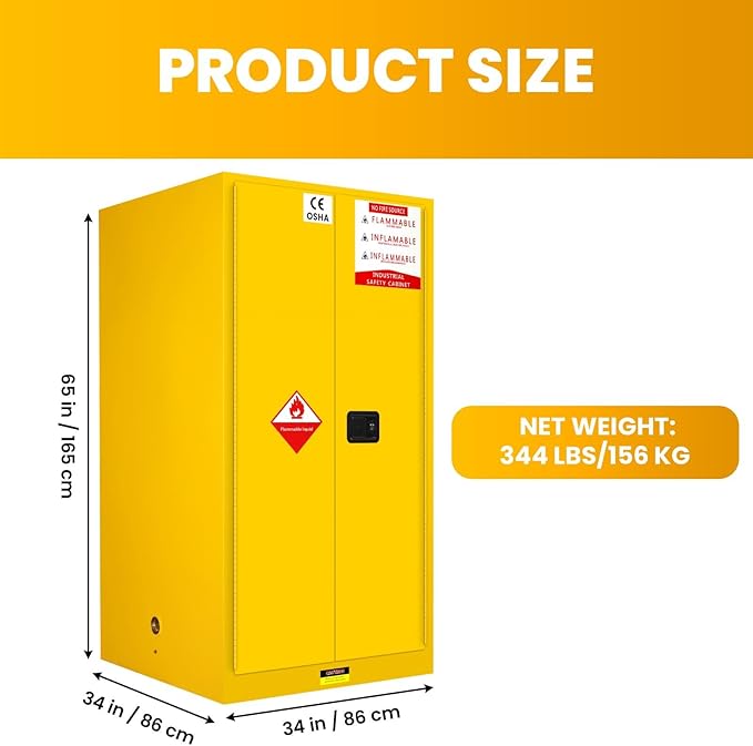 90 Gallon Yellow Flammable Storage Cabinet, Fireproof Steel Chemical Storage - Image 2
