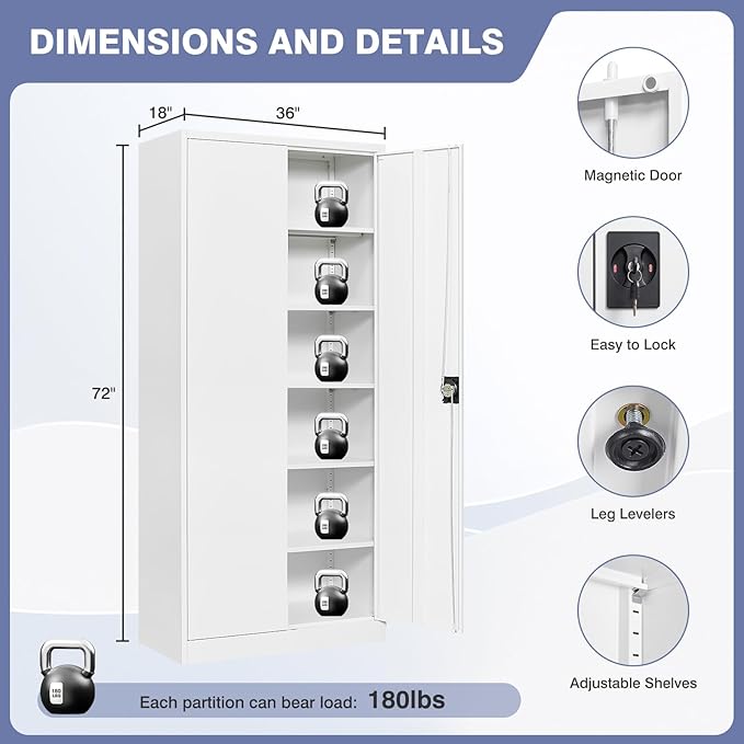 Metal Storage Cabinet with Lock, Lockable Garage Cabinet with 2 Doors and 5 - Image 2