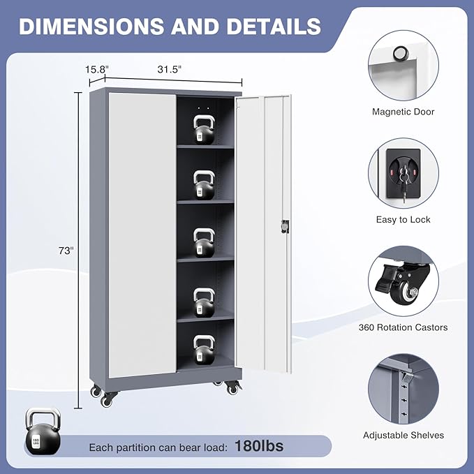 Metal Storage Cabinet with Wheels, Tall Garage Storage Cabinet with 4 - Image 2