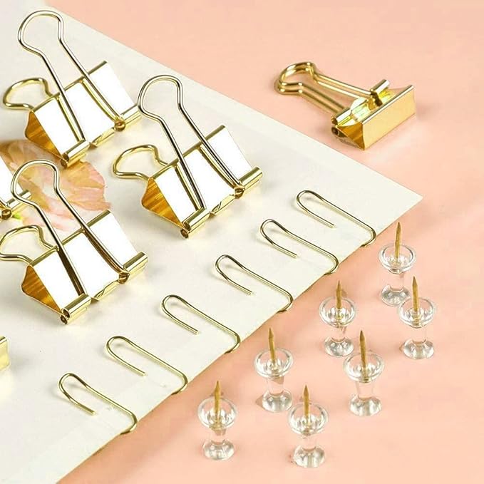Gold Paper Binder and Clips Set, Metal Assorted Sized Binders - Image 2