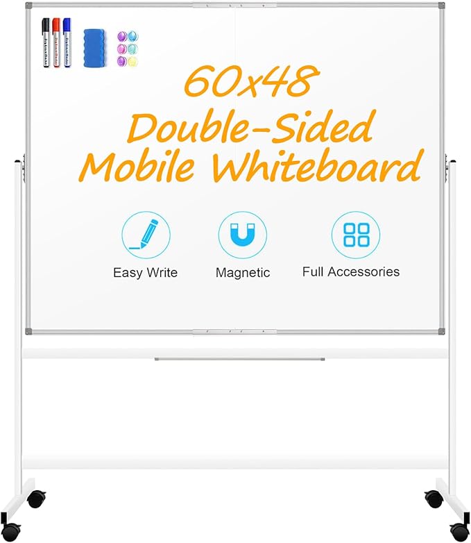 60 x 48 Double Sided Rolling Whiteboard, Large Rolling White Board by Unknown