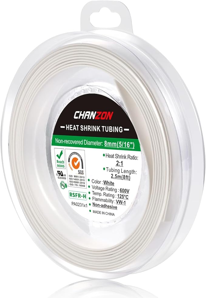 Chanzon 2:1 Ratio 5/16" Heat Shrink Tubing 8Ft Roll White Polyolefin Sleeving by Chanzon