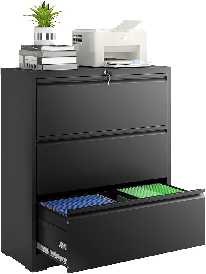 3 Drawer File Cabinet with Lock, Lateral Filing Cabinets, Metal Storage Filing by Unknown