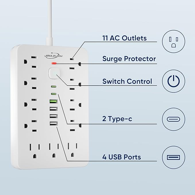 20 FT Flat Plug Surge Protector Power Strip, 11 Multiple AC Outlets - Image 3
