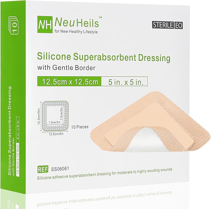 NeuHeils Silicone Super Absorbent Wound Dressing 5''x5'' 10 Packs, by NeuHeilsWoundSkinCare