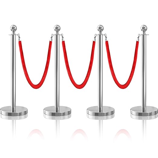 4Pcs Sliver Stanchion Post Queue Velvet Ropes and Posts by SuiROYI
